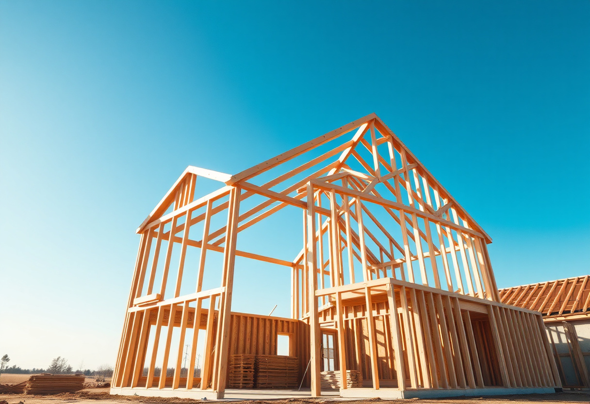 Custom home under construction with exposed wood framing against a blue sky, mid-build
